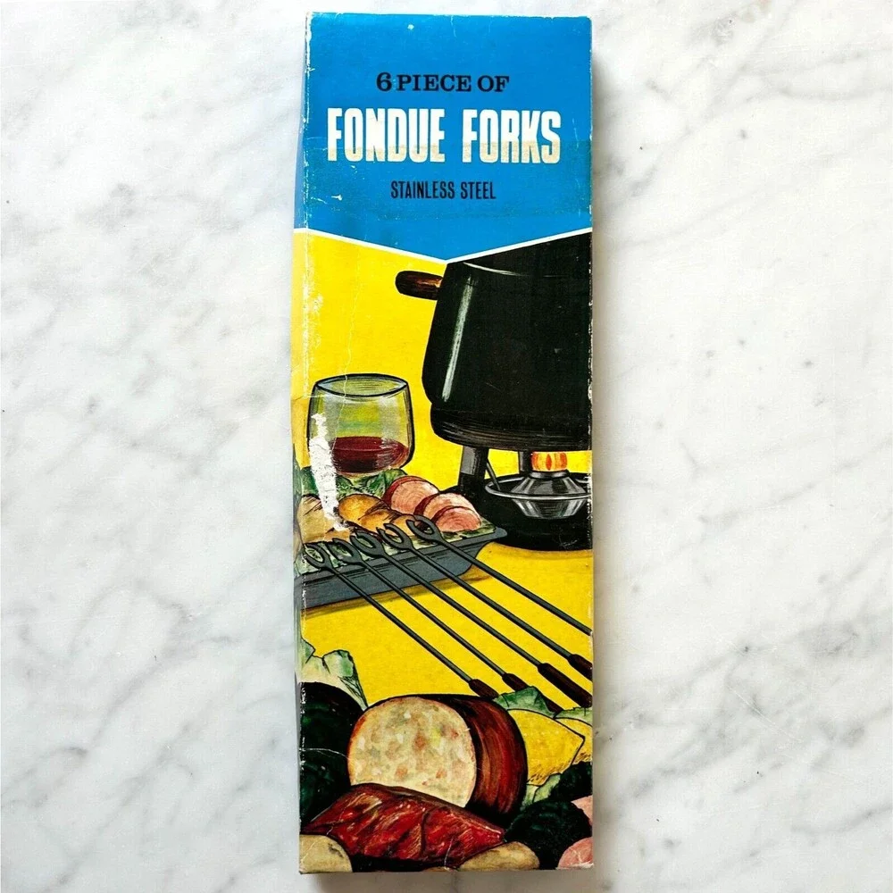 Vintage Fondue Forks Set 9 Stainless Steel Wood Handles Color Tips Box MCM